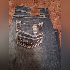 BKE Women's Distressed Boot Cut Jeans - Medium Blue